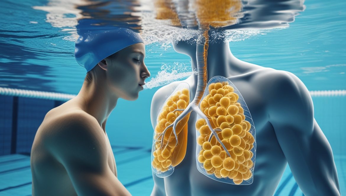 Пловец делает правильный вдох во время плавания в бассейне, демонстрируя технику дыхания для развития дыхательной системы