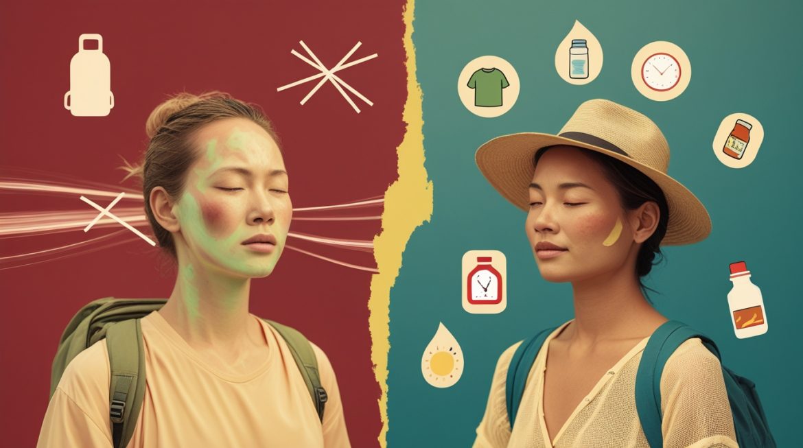 Подготовка к поездке в жаркие страны - турист на тропическом пляже с защитой от солнца