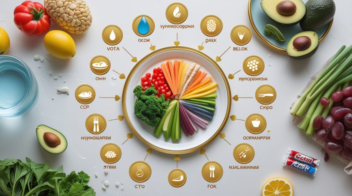 Сбалансированная тарелка здорового питания с овощами, белками и сложными углеводами, демонстрирующая принципы правильного питания