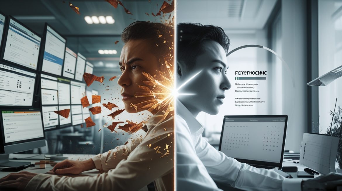 Продуктивный человек работает сосредоточенно за организованным рабочим местом, демонстрируя эффективность и баланс между работой и отдыхом