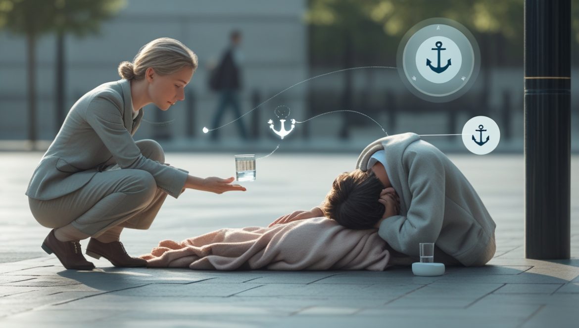 Психолог оказывает психологическую первую помощь человеку в стрессовом состоянии, демонстрируя поддержку и активное слушание