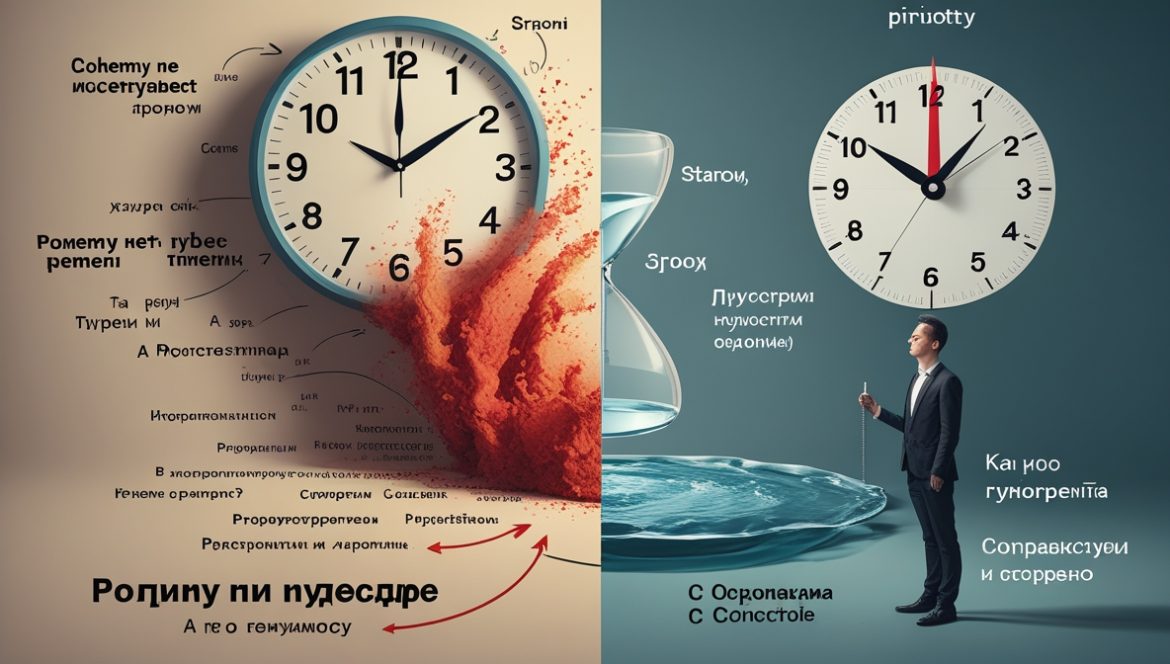 Человек за рабочим столом с символами времени и планирования иллюстрирует психологию восприятия времени и управления задачами