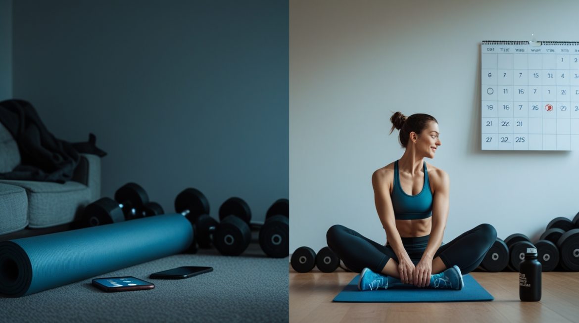 Человек выполняет домашние упражнения в уютной комнате, демонстрируя правильную технику и мотивацию к тренировкам