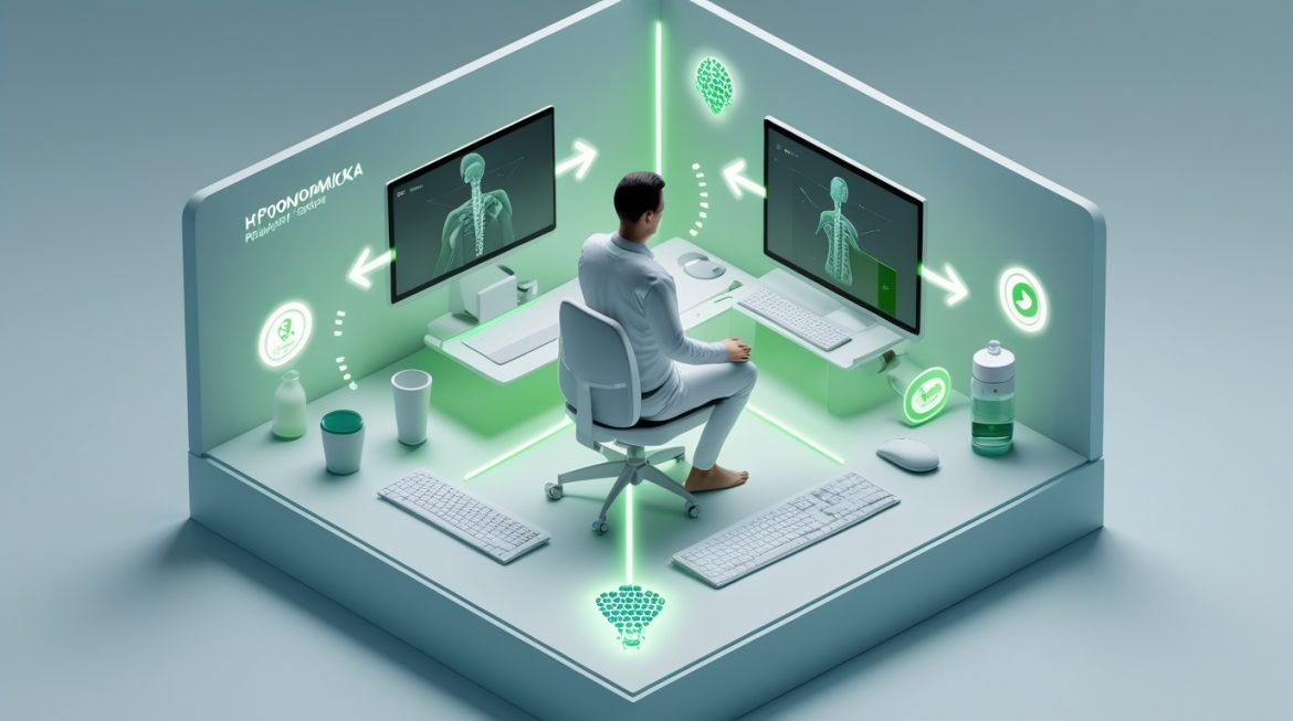 Правильная организация домашнего рабочего места с эргономичным креслом и правильным положением монитора для профилактики травм