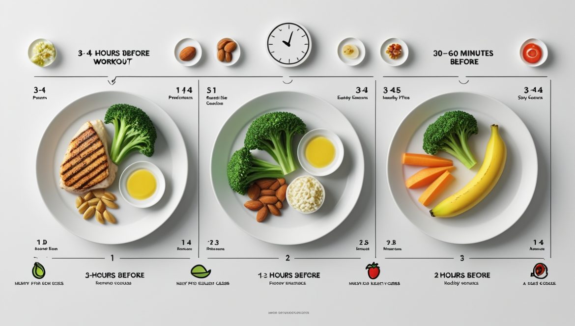 Спортсмен рассчитывает размер порции перед тренировкой с весами и здоровыми продуктами