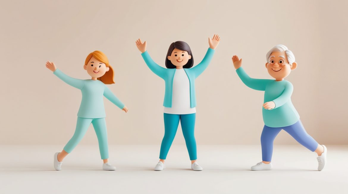 Разминка для разных возрастных групп - подростки, взрослые и пожилые люди выполняют упражнения