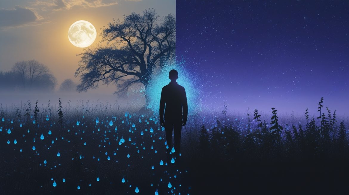 Человек медитирует у окна при естественном солнечном свете, символизируя баланс серотонина и мелатонина для здорового настроения и сна