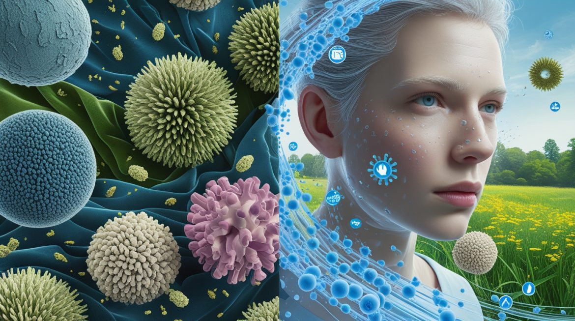 Человек с сезонной аллергией в окружении пыльцы растений весной, аллергические реакции на цветение