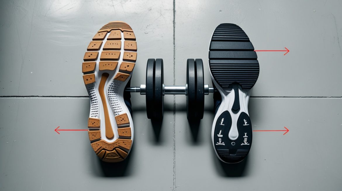 Спортсмен в штангетках выполняет приседание в тренажерном зале