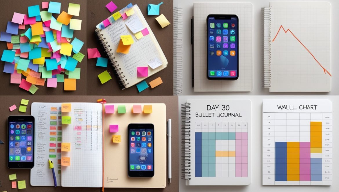 Рабочее место с системой отслеживания целей, ноутбук с графиками прогресса, блокнот и мотивационные записи