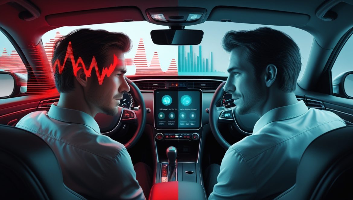 Спокойный водитель за рулем автомобиля демонстрирует контроль эмоций и безопасное вождение без дорожной ярости