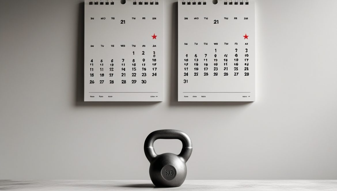 Спортсмен с календарем тренировок демонстрирует правило двух дней для поддержания мотивации в спорте