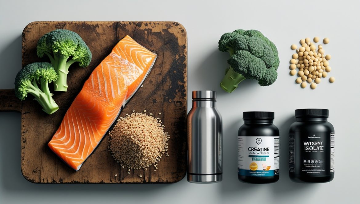 спортсмен выбирает между натуральными продуктами и спортивными добавками БАД