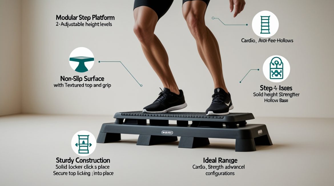 Женщина выполняет упражнение на степ-платформе дома для кардиотренировки и похудения
