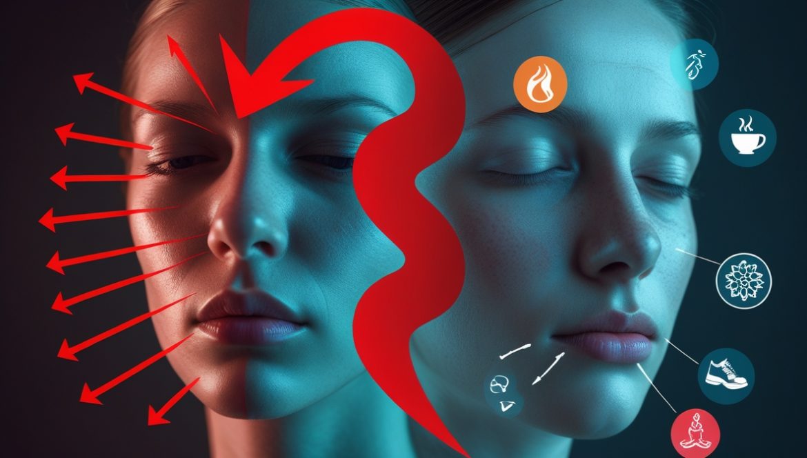 Женщина испытывает стресс на кухне рядом с холодильником, иллюстрация эмоционального переедания