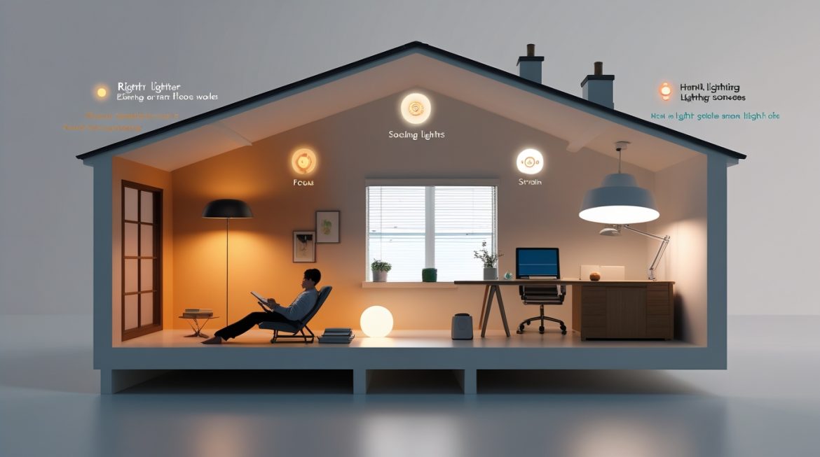 Женщина регулирует теплое освещение в современной гостиной для создания комфортной атмосферы