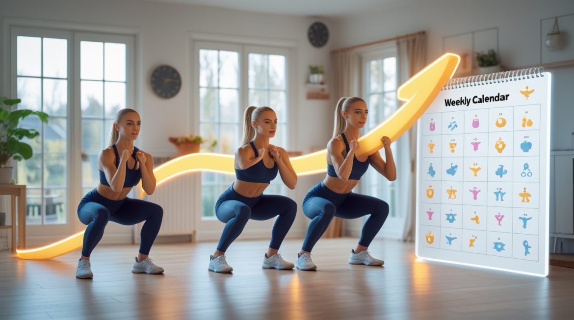 Женщина выполняет планку дома на коврике для йоги в светлой комнате с фитнес оборудованием