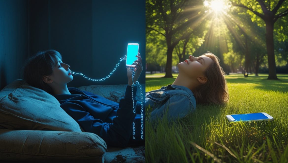 Человек на прогулке в лесу без телефона для цифрового детокса и восстановления психического здоровья