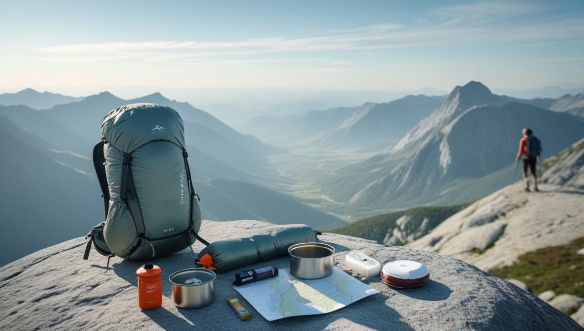Турист с ультралегким рюкзаком идет по горной тропе, демонстрируя философию минимализма в треккинге