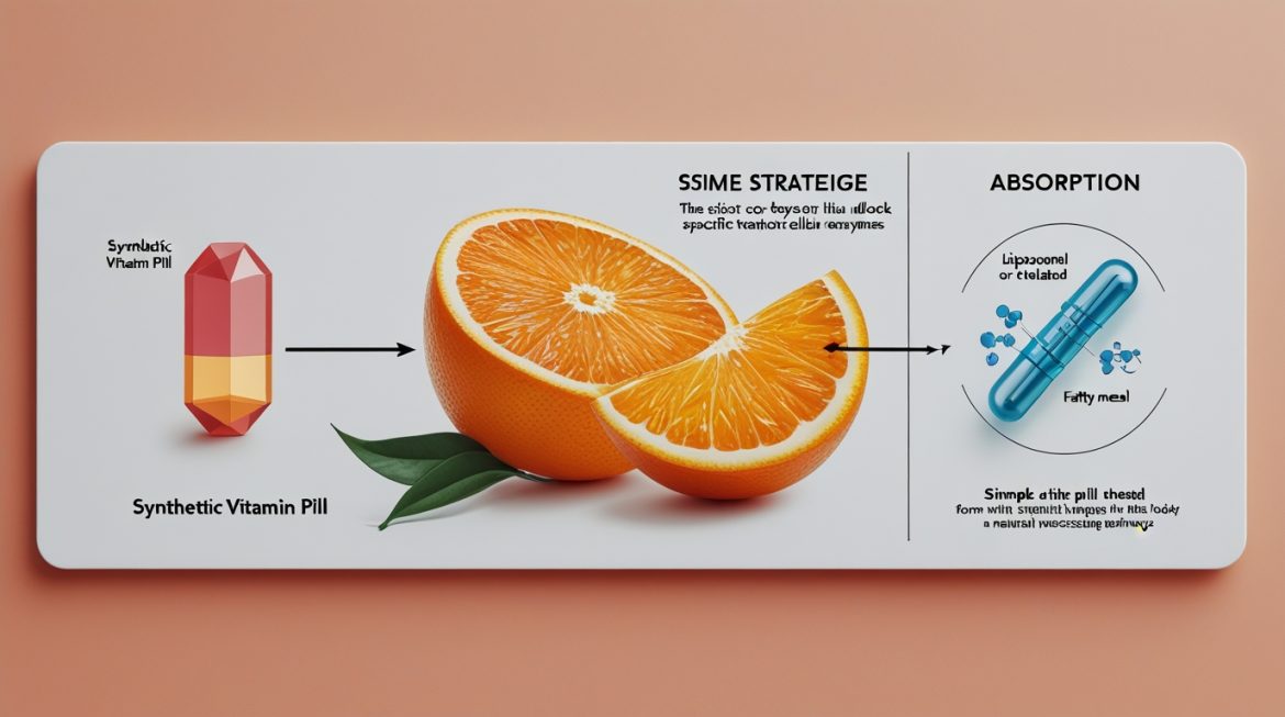 Сравнение натуральных продуктов питания богатых витаминами и синтетических БАДов демонстрирующее различия в усвоении нутриентов организмом