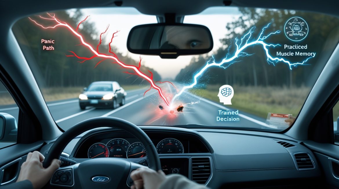 Водитель за рулем в критической ситуации на дороге, руки на руле, принятие быстрого решения