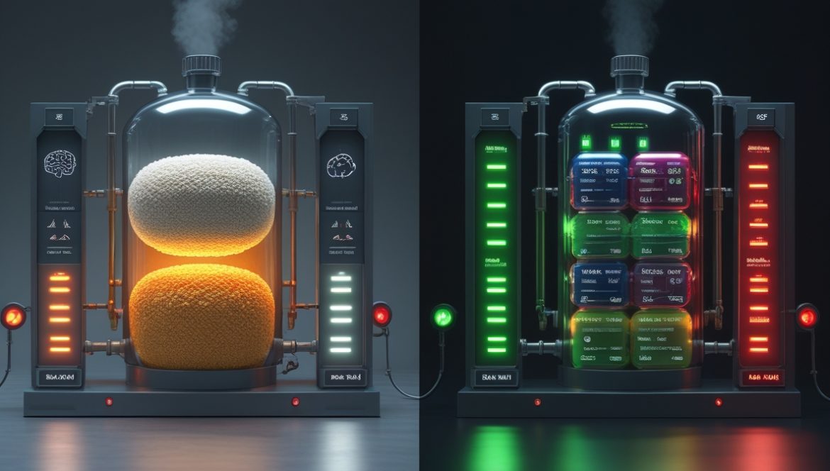 Женщина выбирает разнообразные продукты для сбалансированного питания на кухне