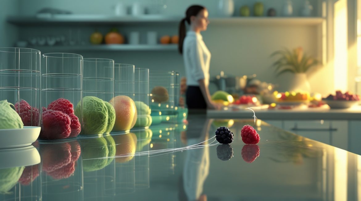 Женщина наслаждается сбалансированным питанием на кухне, демонстрируя здоровое отношение к еде