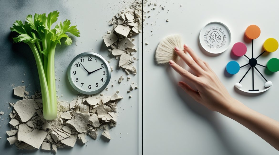 Здоровые продукты питания и планирование рациона на рабочем столе диетолога