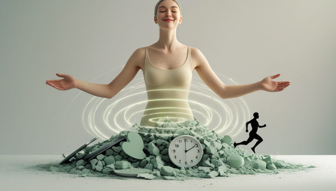 Женщина практикует интуитивное питание за столом с разнообразной здоровой едой