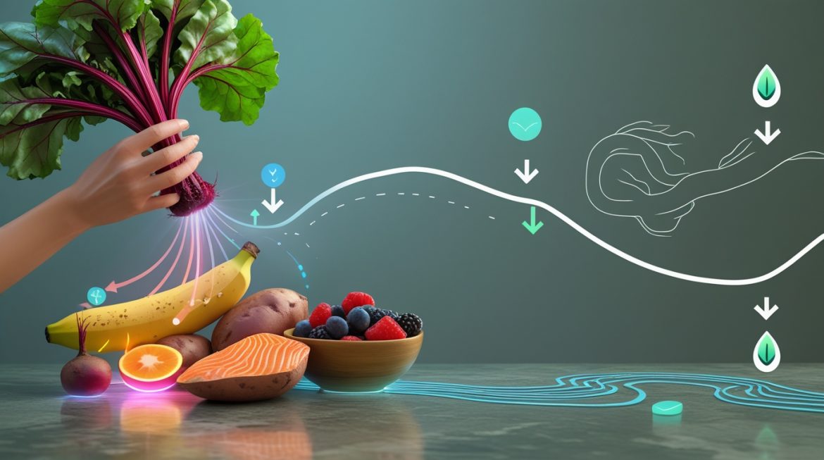 Женщина измеряет давление на фоне полезных продуктов для снижения артериального давления