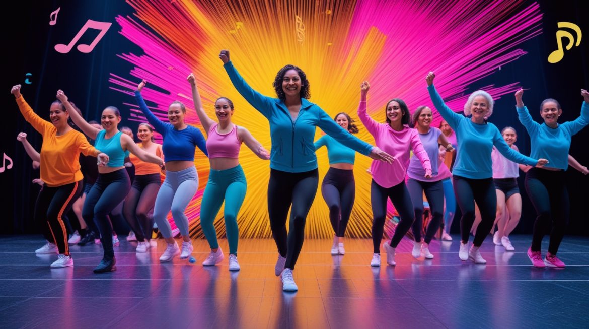 Женщина танцует зумбу в фитнес-зале, радостное выражение лица, яркая спортивная одежда, динамичная поза