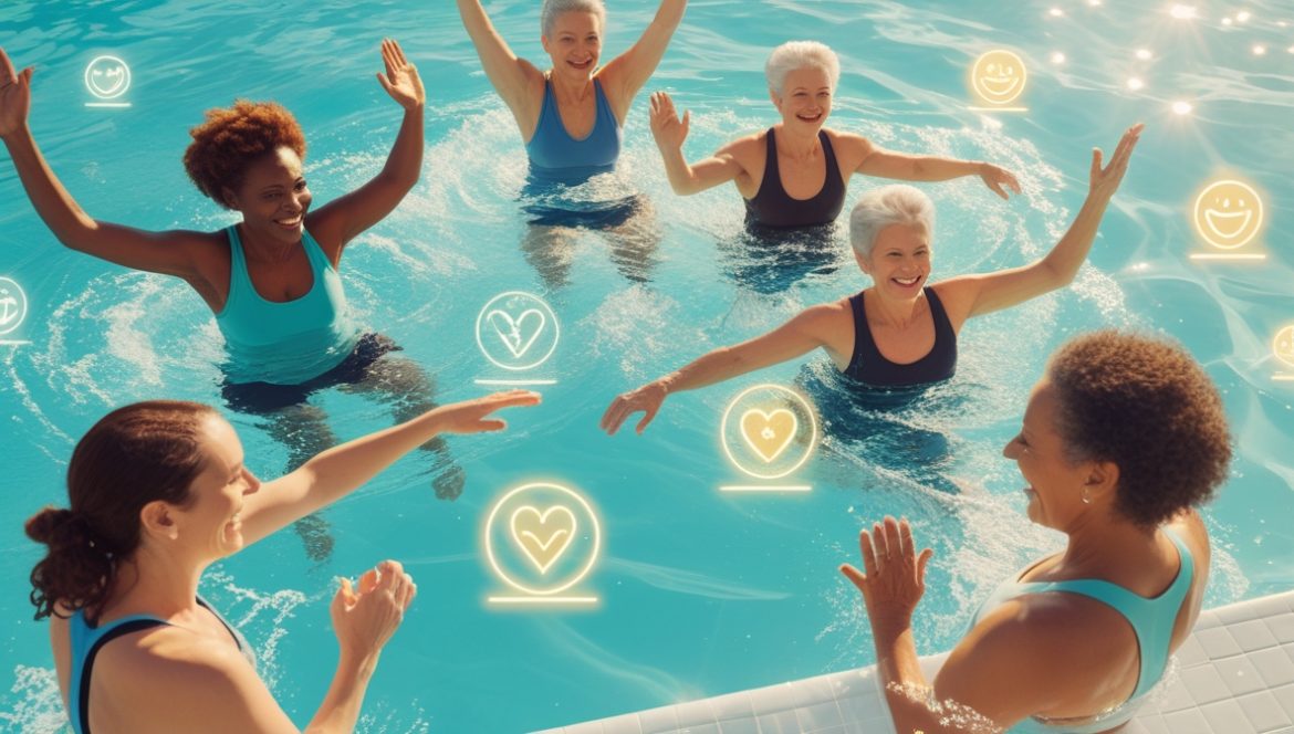 Женщина выполняет упражнения аквааэробики в бассейне, водный фитнес для здоровья и похудения