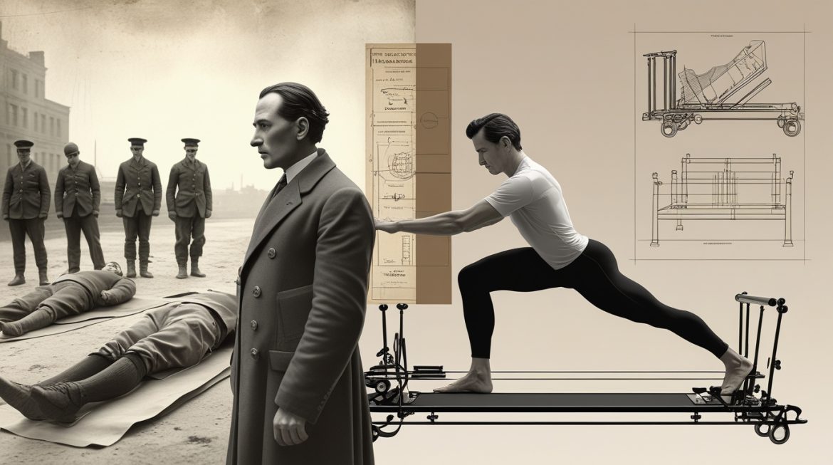 Женщина выполняет упражнение пилатес на реформере в светлой студии, демонстрируя правильную технику и концентрацию