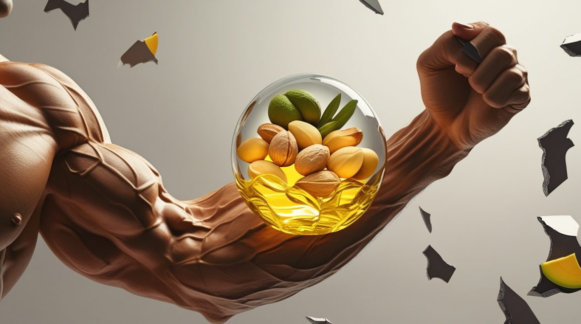 Бодибилдер с полезными источниками жиров для спортивного питания 