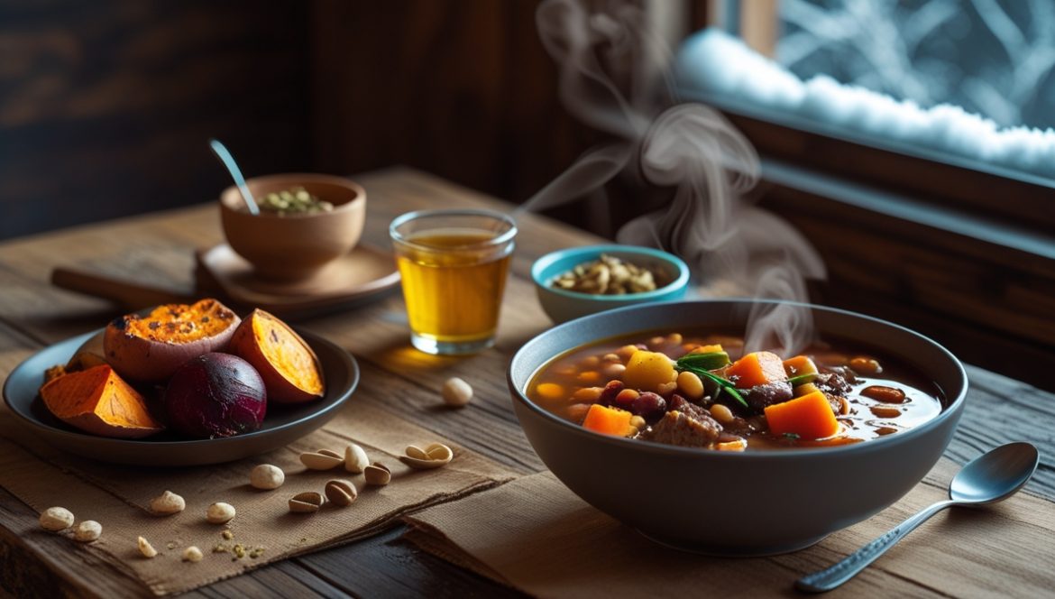 Согревающие зимние продукты и горячий суп на столе для правильного питания в холодное время года