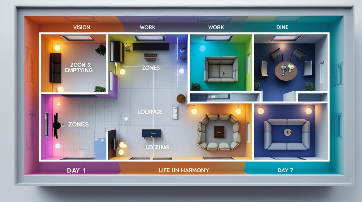 Зонирование квартиры с функциональными зонами для работы, отдыха и приема пищи