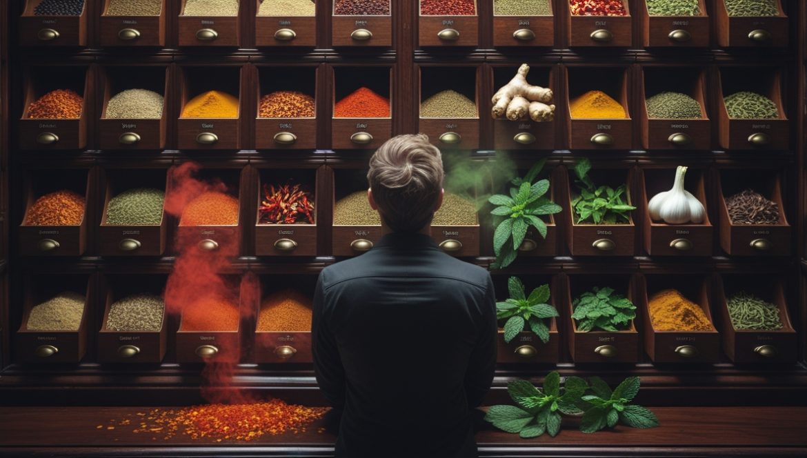 Разнообразные специи и травы в деревянных мисочках и стеклянных банках для правильного хранения и использования в кулинарии
