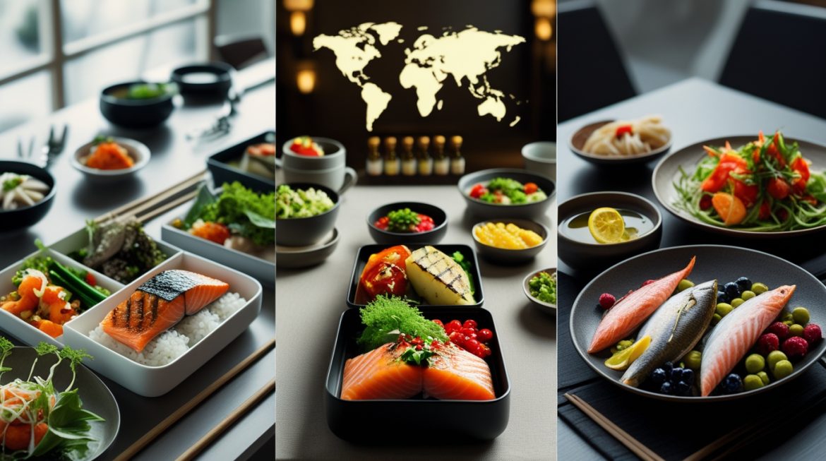 Здоровые продукты азиатской, средиземноморской и скандинавской кухни на кухонном столе