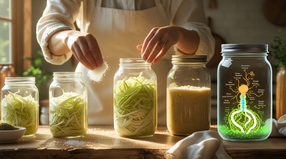 Домашние ферментированные продукты в стеклянных банках для здорового питания
