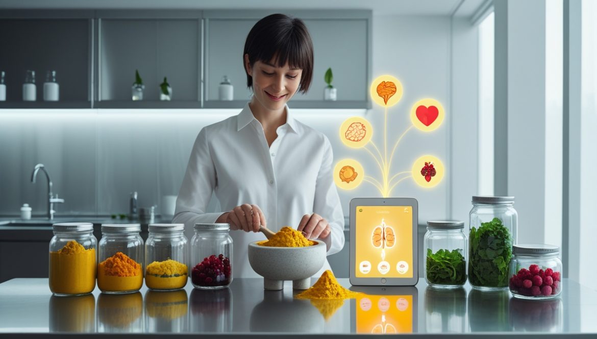 Разнообразные функциональные продукты питания для здорового рациона: ягоды, орехи, семена, овощи, рыба и специи