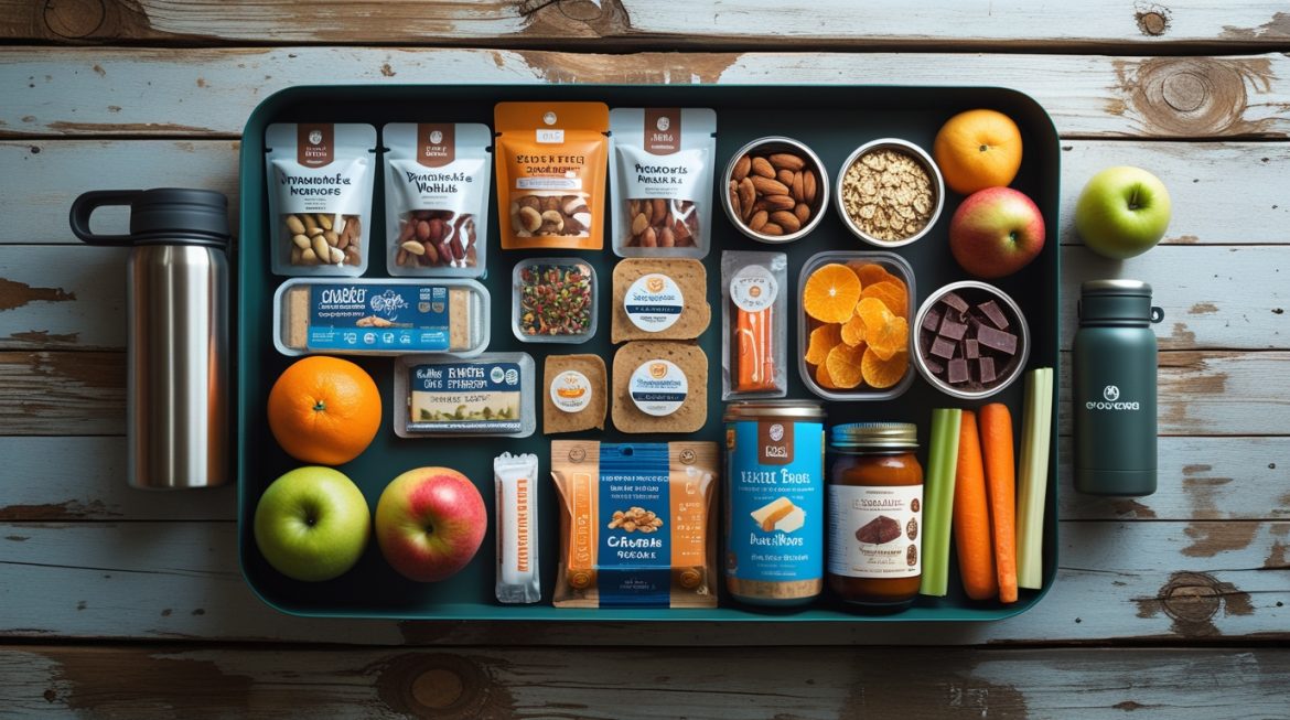 Лучшие нескоропортящиеся продукты для путешествий разложенные на столе с рюкзаком