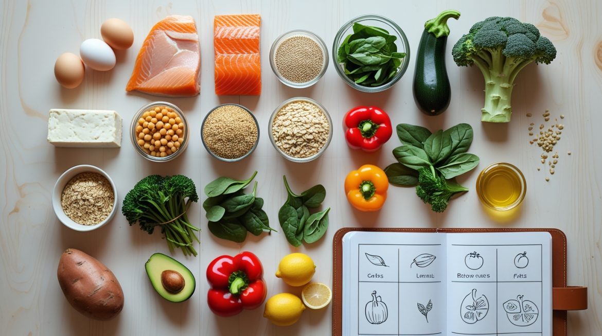 Минималистичная кухня с продуктами для планирования здорового питания