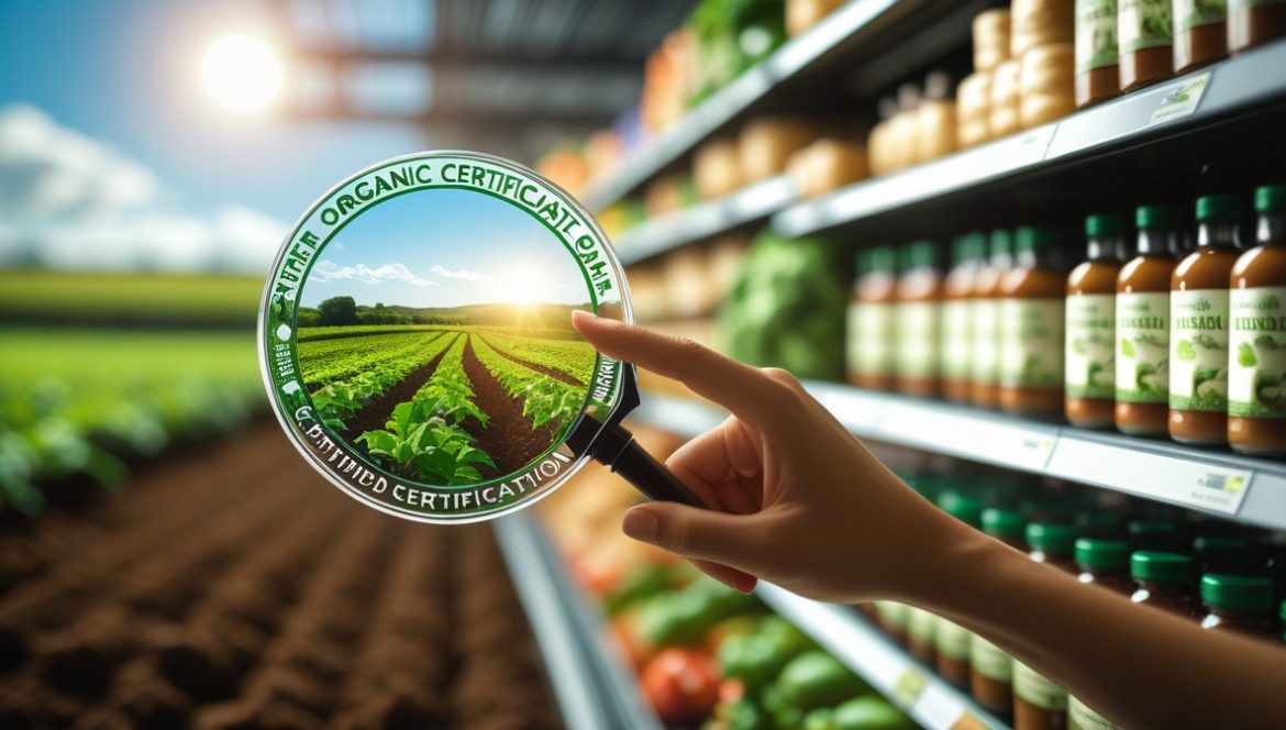 Покупатель изучает органические продукты с сертификацией в магазине здорового питания