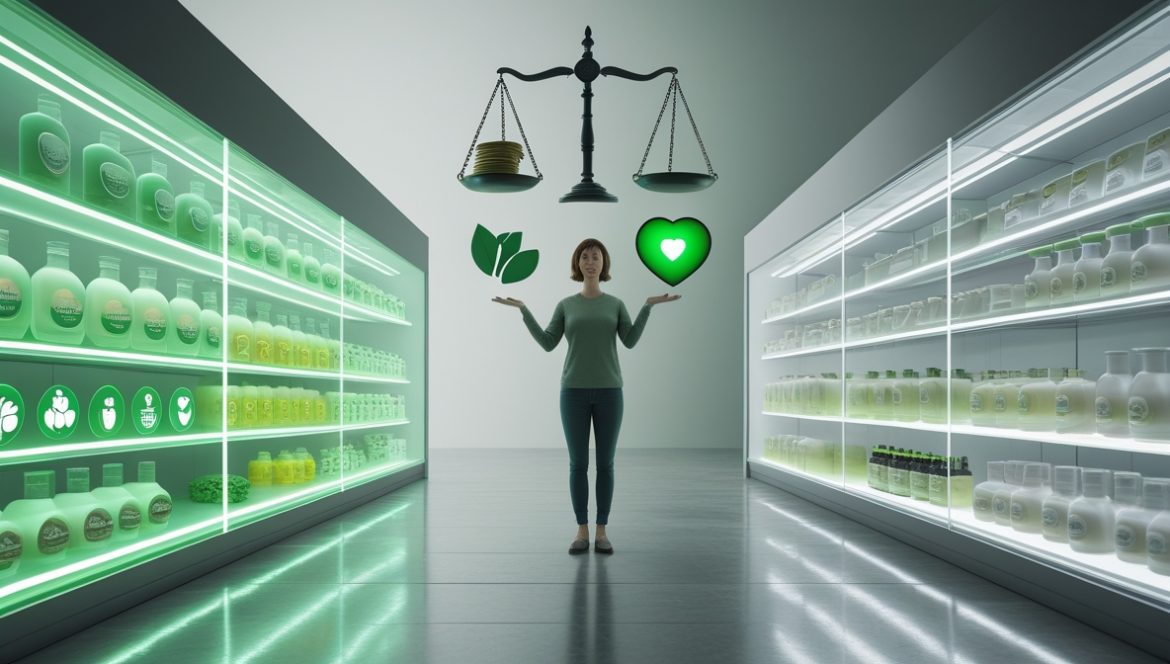 Сравнение органических и обычных продуктов питания на кухонном столе с женщиной изучающей этикетки