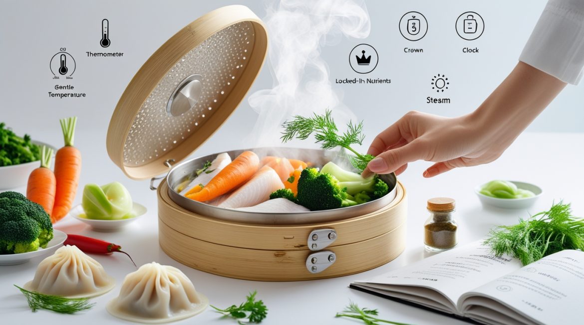 Современная пароварка с овощами на кухне, здоровое питание