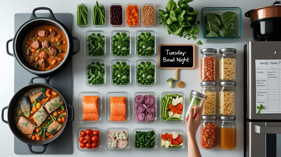 Планирование недельного меню на кухне с продуктами и списком покупок