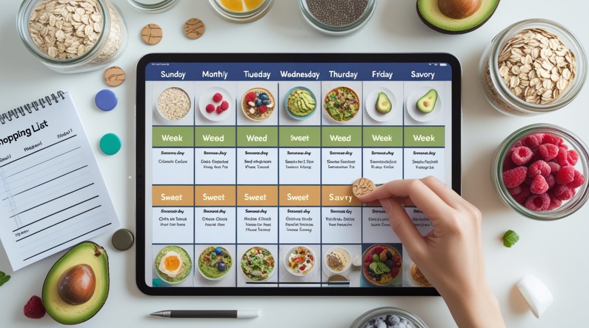 Планирование завтраков на месяц с готовыми контейнерами и списком меню для здорового питания