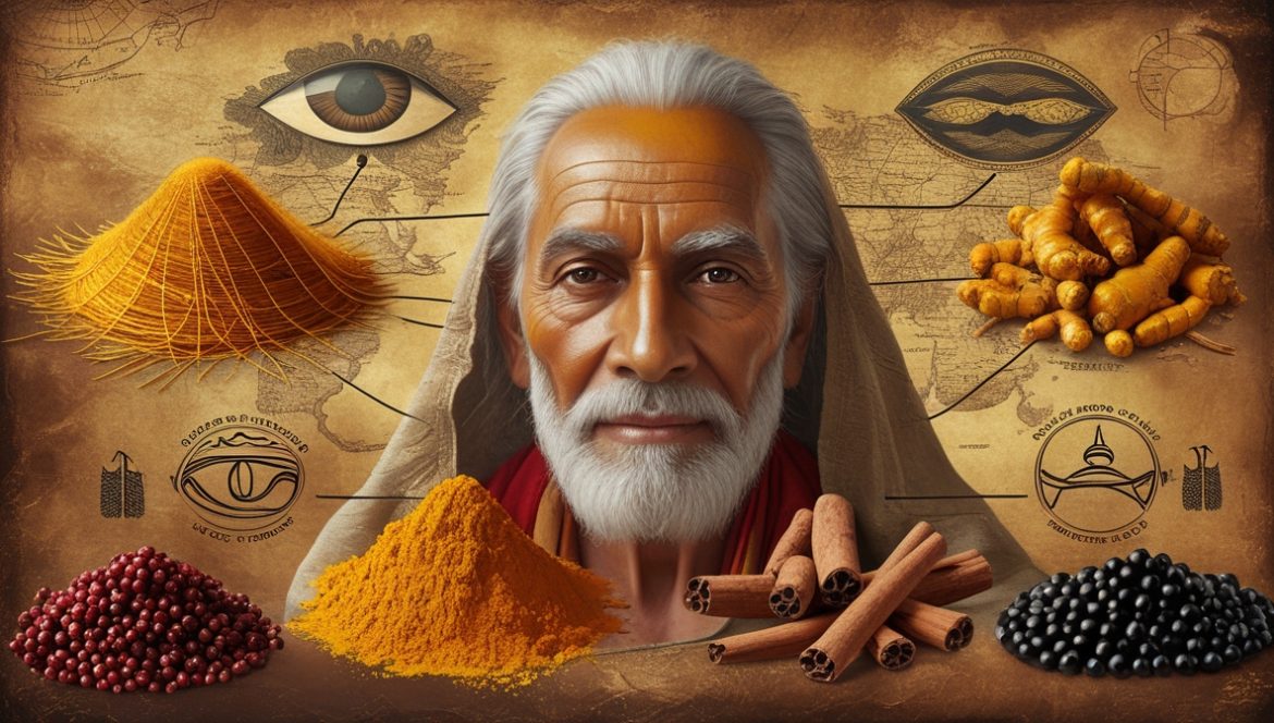 Разнообразные специи и пряности на деревянной поверхности - куркума, корица, кардамон, перец, имбирь для здорового питания и долголетия