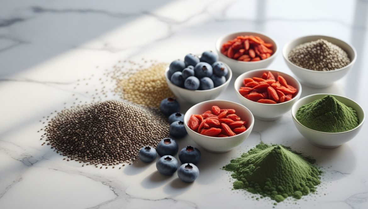 Разнообразные суперфуды на мраморной поверхности - черника, авокадо, киноа, орехи и зелень для здорового питания