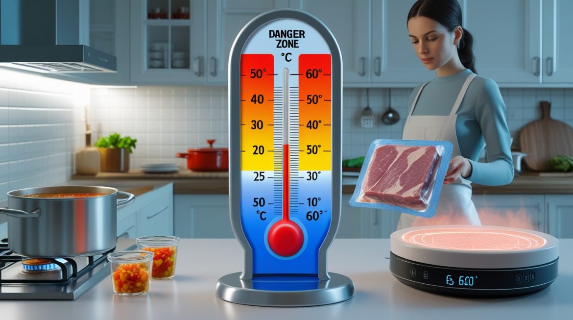 Контроль температуры продуктов цифровым термометром для пищевой безопасности на кухне